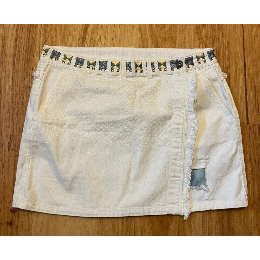 Desigual White Embroidered Wrap Jean Skirt W/ Fringe, Size 10 (US) 34 (D) NWT!